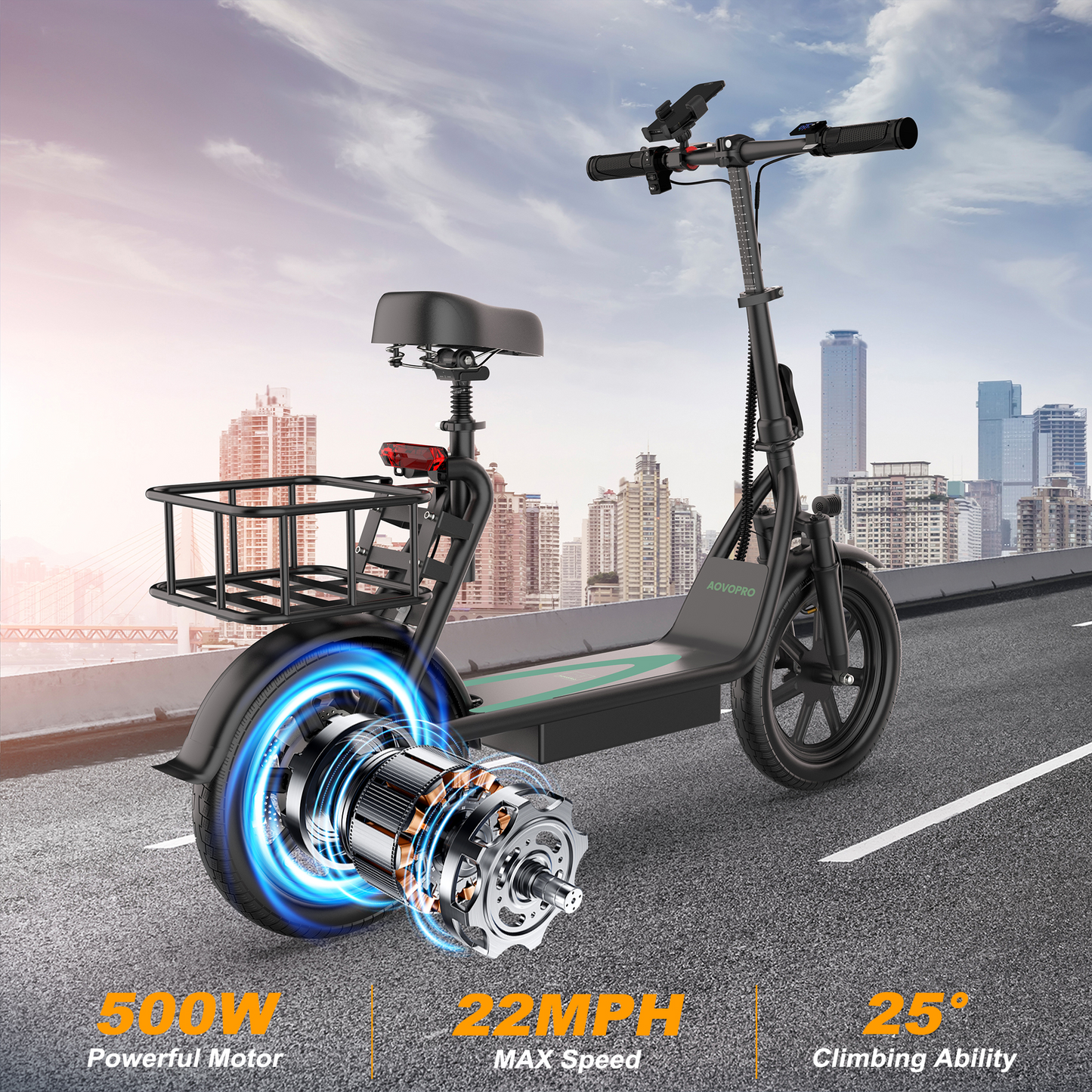 Electric Commuter Scooter with Seat and Basket