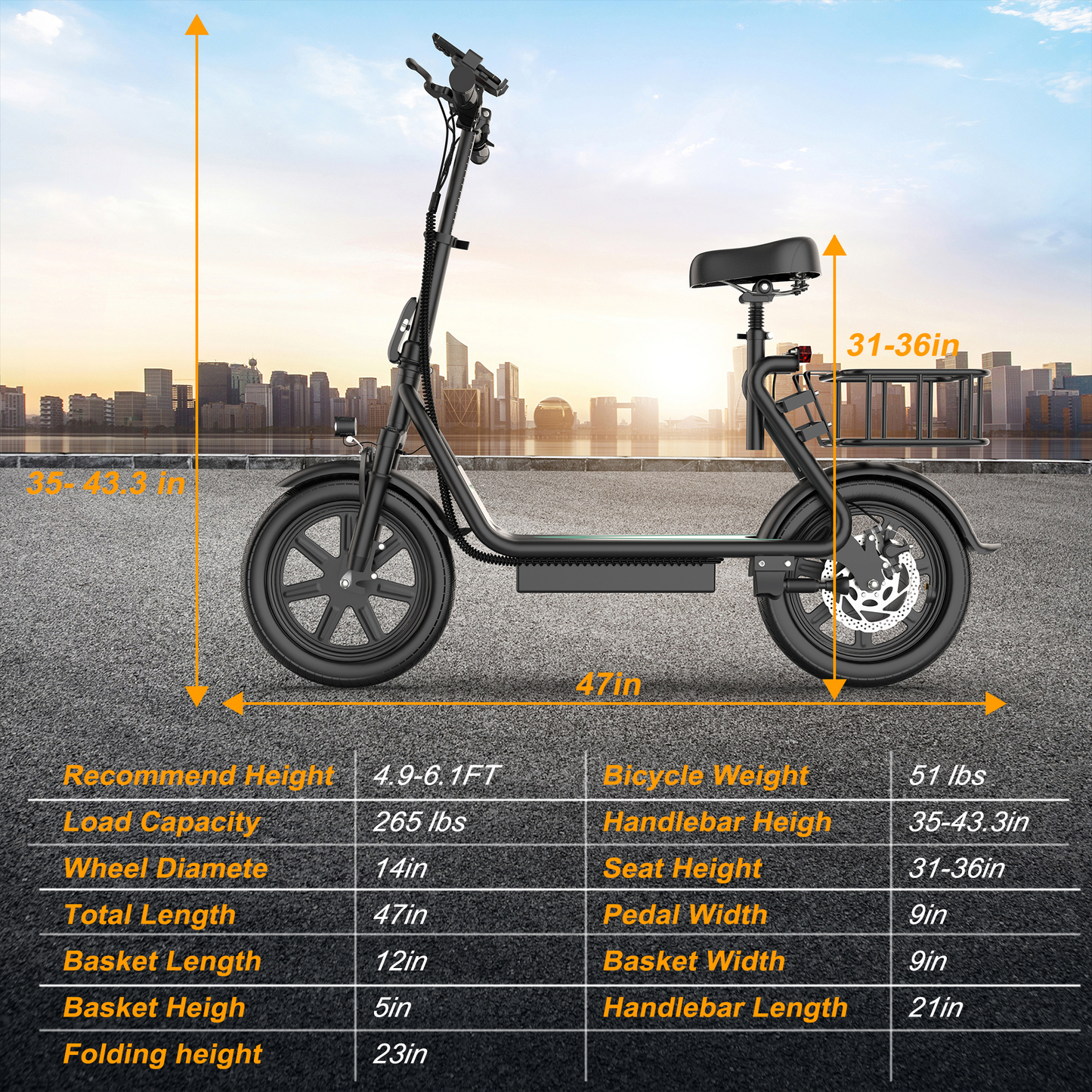Electric Commuter Scooter with Seat and Basket