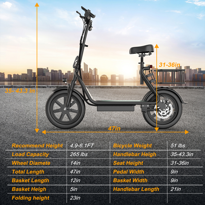 Electric Commuter Scooter with Seat and Basket